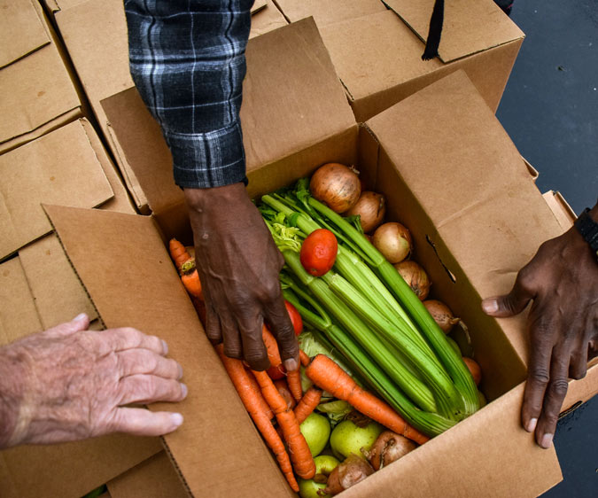 Opening fresh food box at food drive