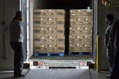 An egg truck backs up to a loading dock