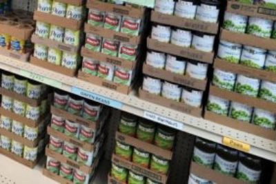 Canned goods on pantry shelf